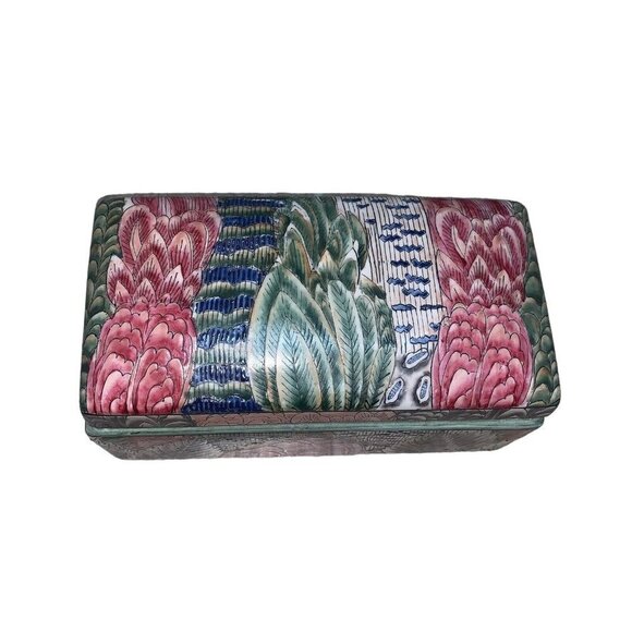 Oriental Accents Asian Inspired Ceramic Box Rectangular Floral Design Glazed - Picture 2 of 7